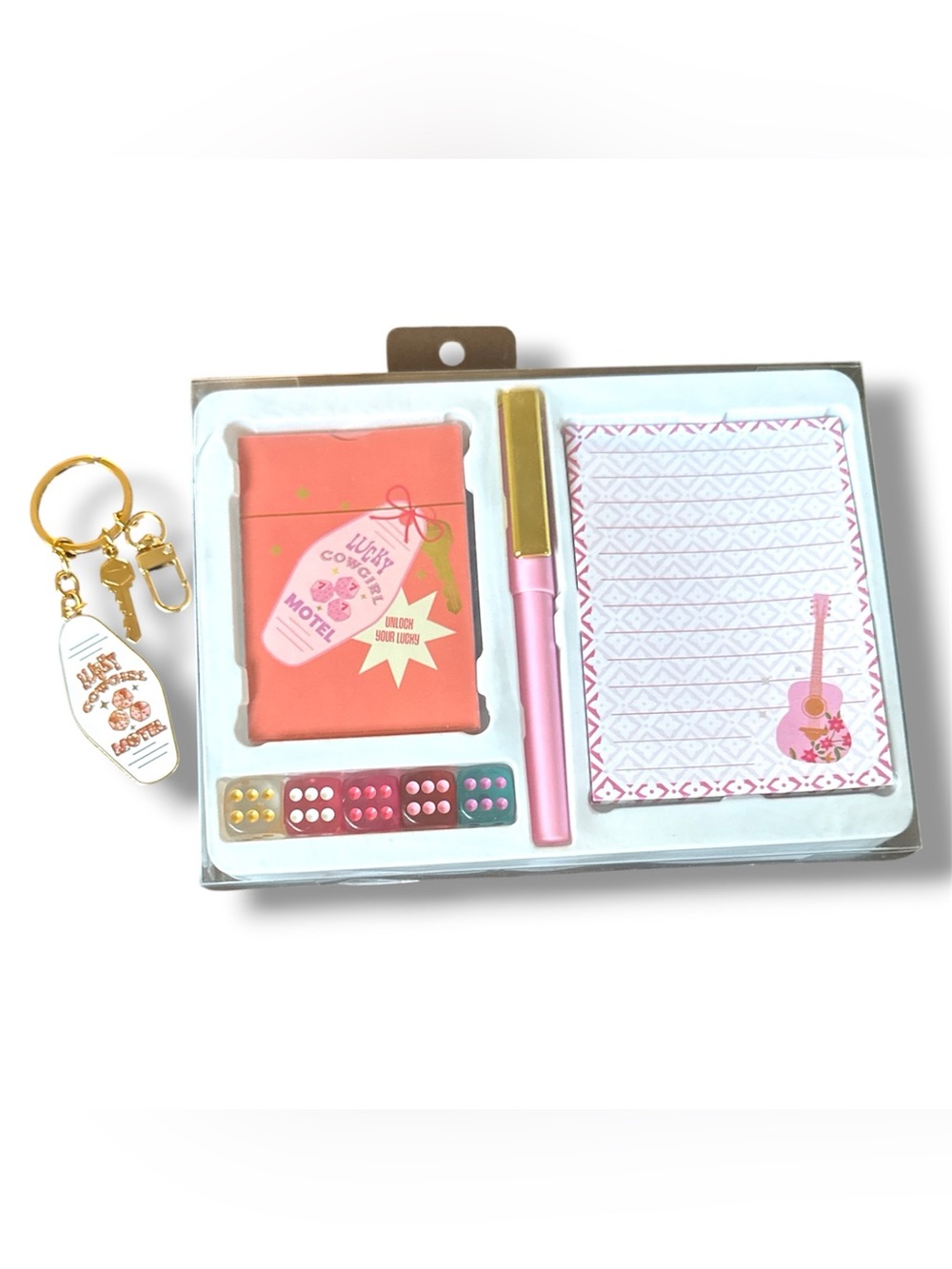Western Lucky Cowgirl Keychain and Set with playing cards, dice, pen, pad.